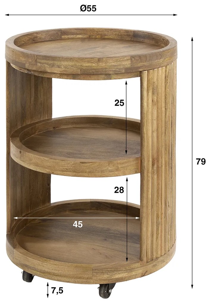 Wijnkast Trolley Met Ribbelhout - 55x55x80cm.