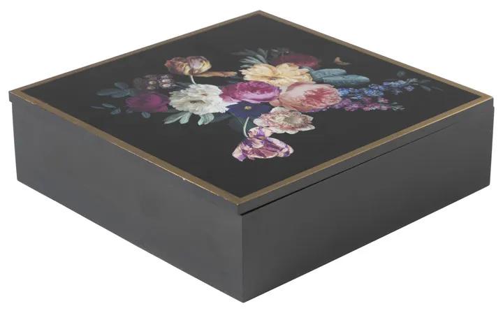 Theebox flowers - zwart - 24x24x7 cm