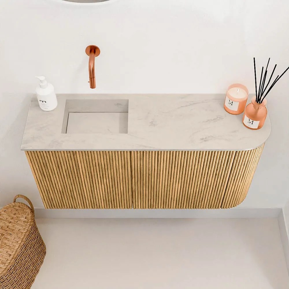 Mondiaz Joya DLux 80cm toiletmeubel ronding rechts oak met wastafel faye links zonder kraangat opalo