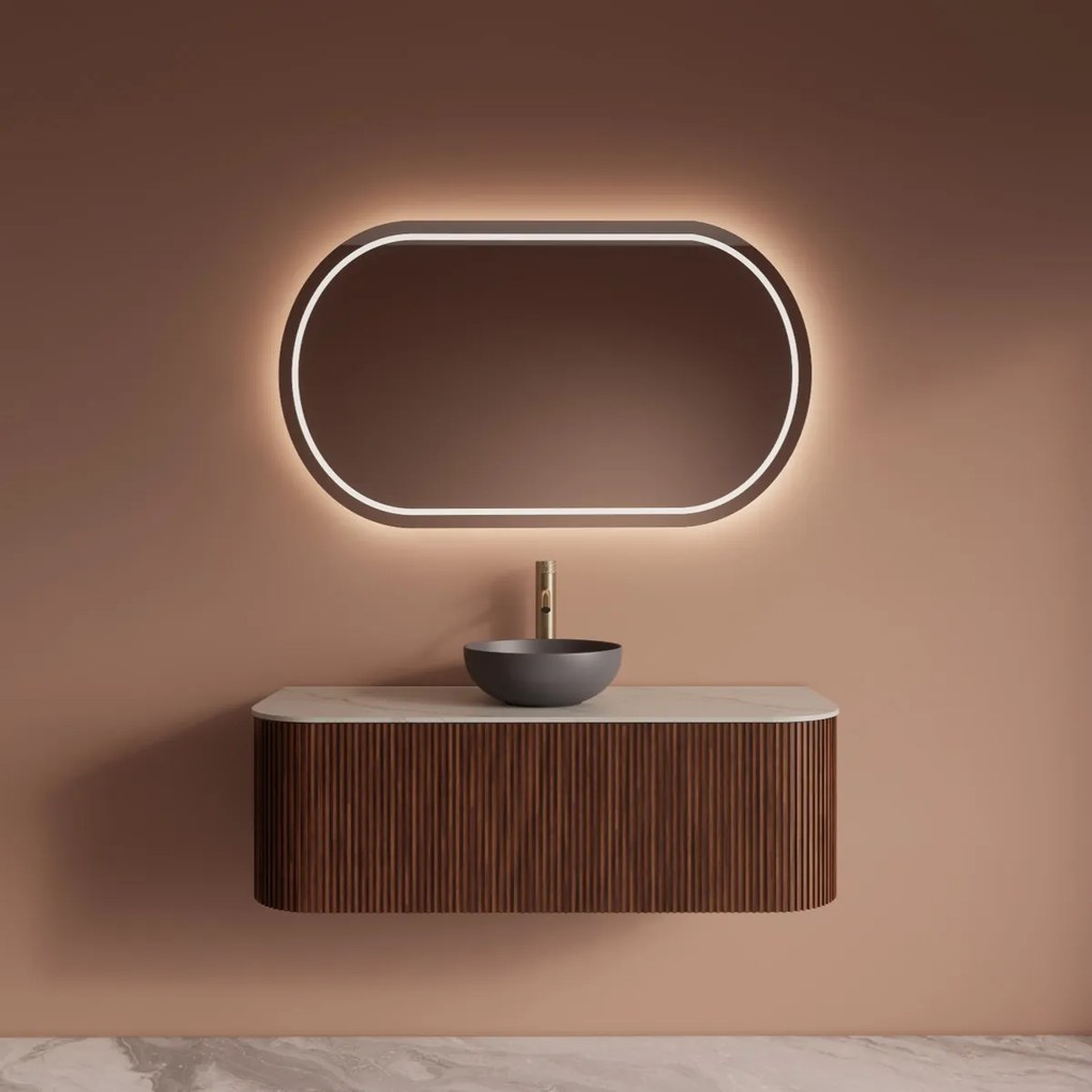 Gliss Design Alluro badmeubel ribbelfront met ronding links/rechts 120cm walnut en wit marmer toppaneel