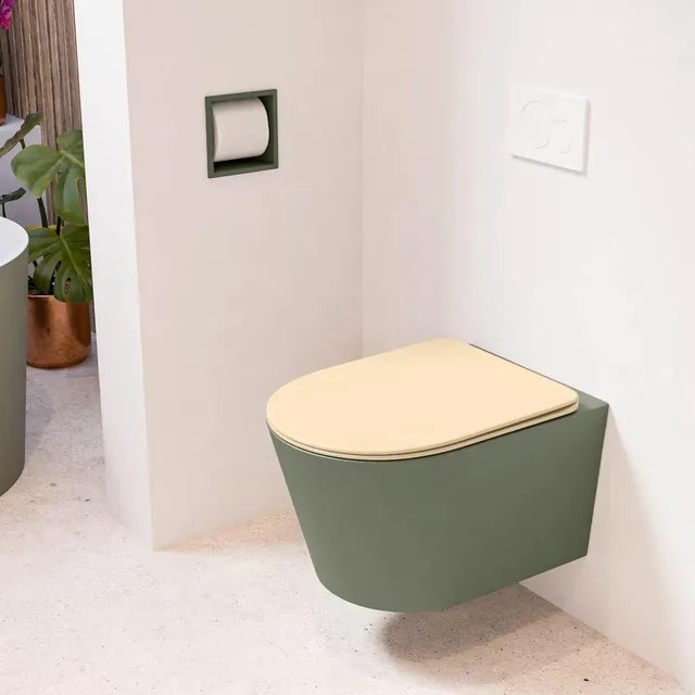 MONDIAZ LAVIE wandclosetpack - 36x53cm - diepspoel - rimless - Army (groen) - softclose - quick-release - toiletzitting - Sand (beige) LAVIEsetArmSan