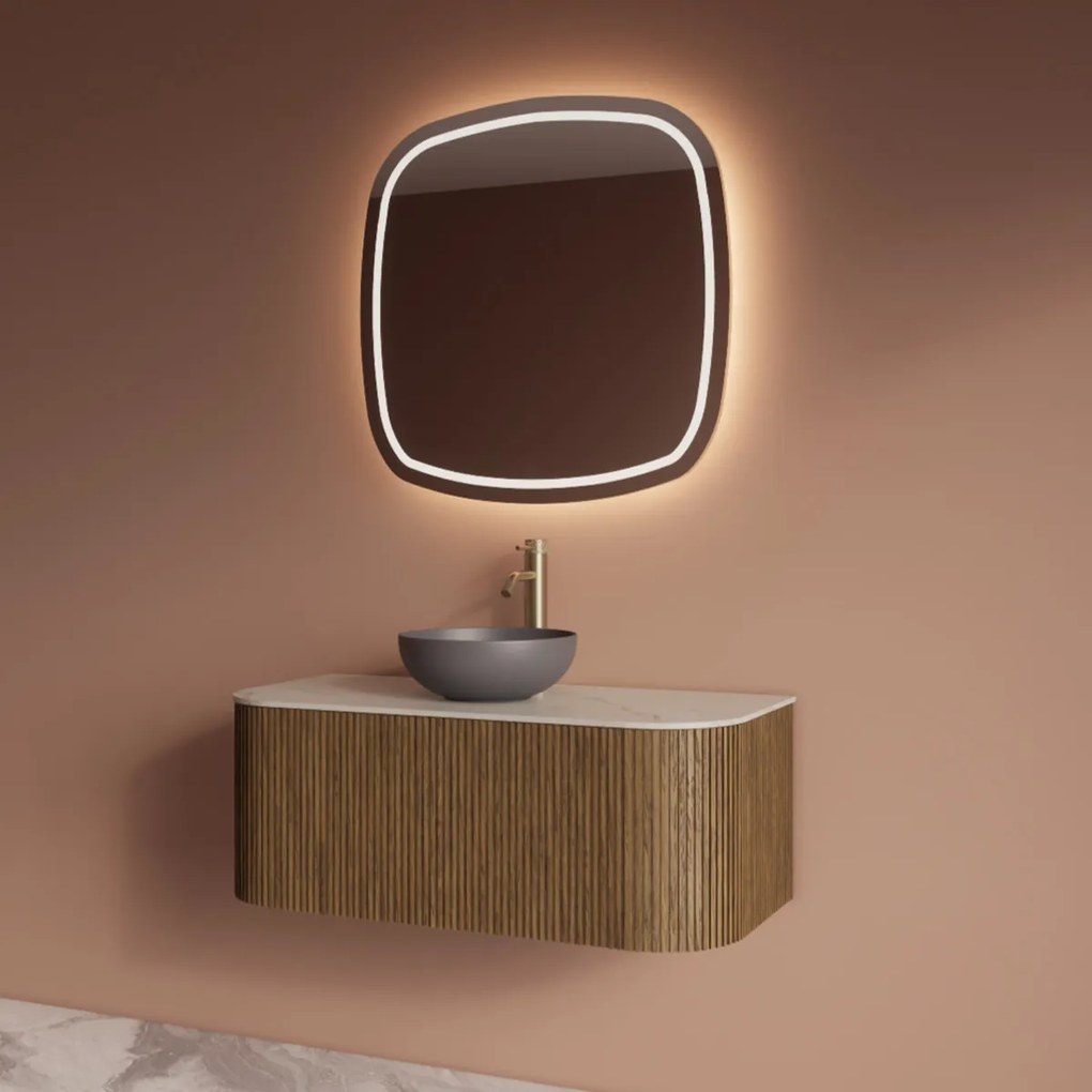 Gliss Design Alluro badmeubel ribbelfront met ronding links/rechts 100cm castle brown en wit marmer toppaneel