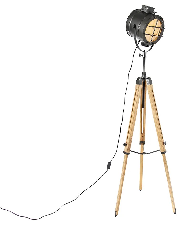 Tripod studiospot vloerlamp zwart met hout - Shiny