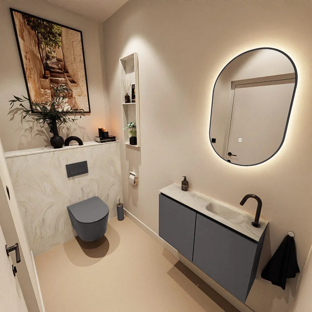 Mondiaz Ture DLux toiletmeubel 80cm dark grey met wastafel ostra rechts met kraangat