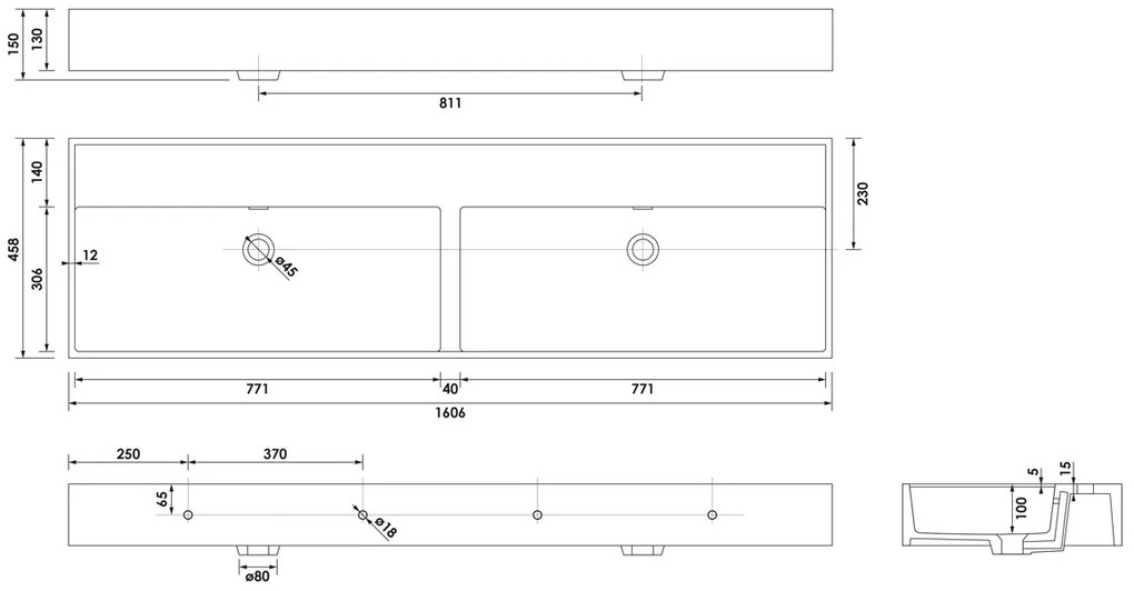 Brauer Gravity dubbele wastafel mineraalmarmer 160cm zonder kraangat wit glans