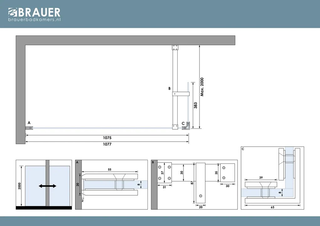 Brauer Void profielloze inloopdouche 110cm met 40cm zijwand chroom