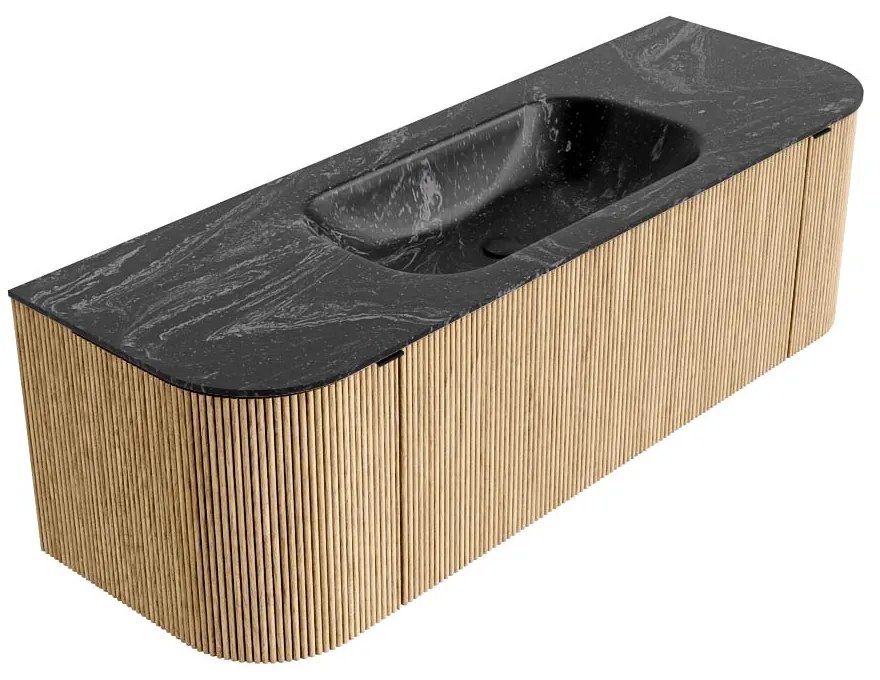 Mondiaz Kurve-dlux 140cm badmeubel ronding links/rechts oak met 1 lade en 2 deuren en wastafel big small midden zonder kraangat lava