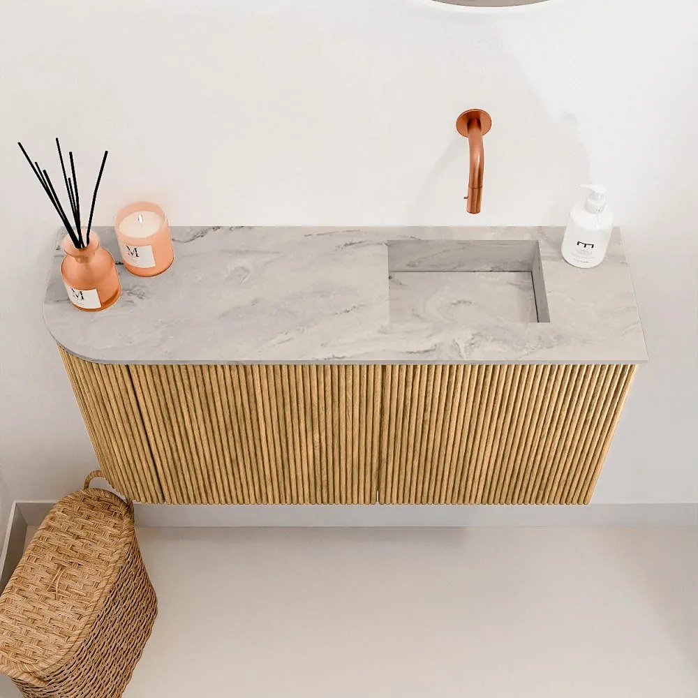 Mondiaz Joya DLux 80cm toiletmeubel ronding links oak met wastafel faye rechts zonder kraangat glace