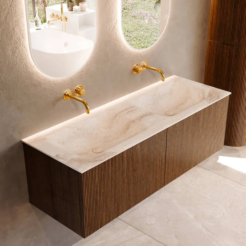 Mondiaz Kurve-dlux 130cm badmeubel dusk met 2 lades en wastafel leaf dubbel zonder kraangat frappe