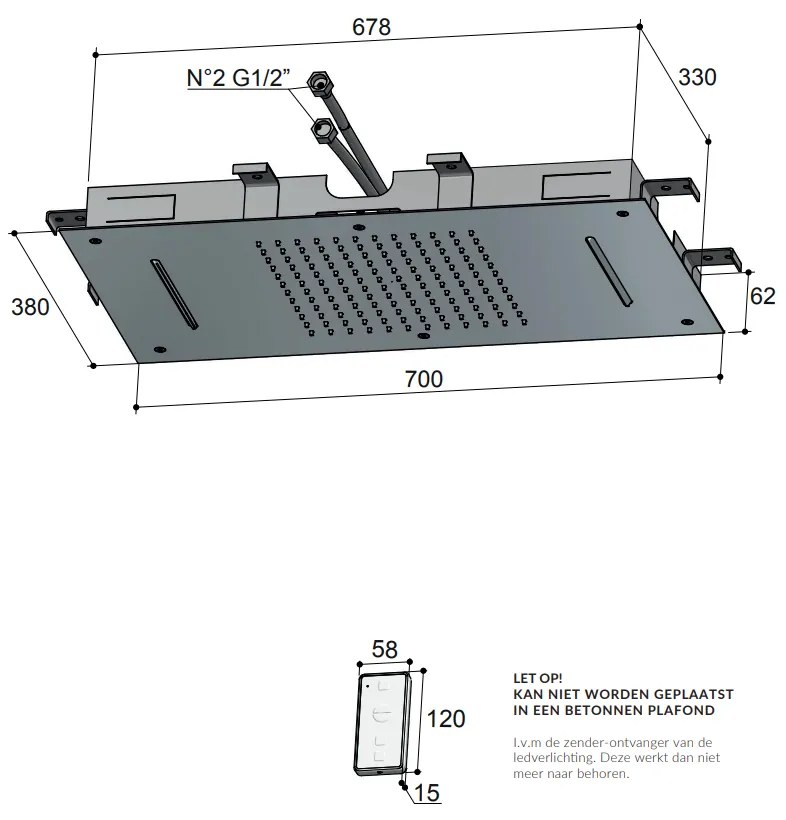 Hotbath Mate M144 inbouw hoofddouche met LED en waterval 38x70cm geborsteld nikkel