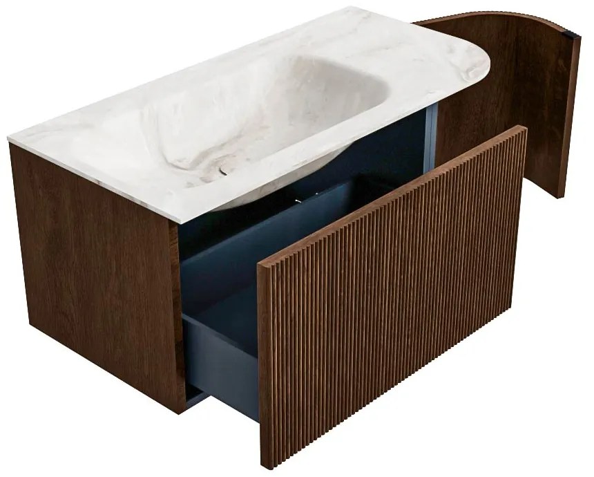 Mondiaz Kurve-dlux 95cm badmeubel ronding rechts walnut met 1 lade en deur en wastafel big small kraangat links frappe