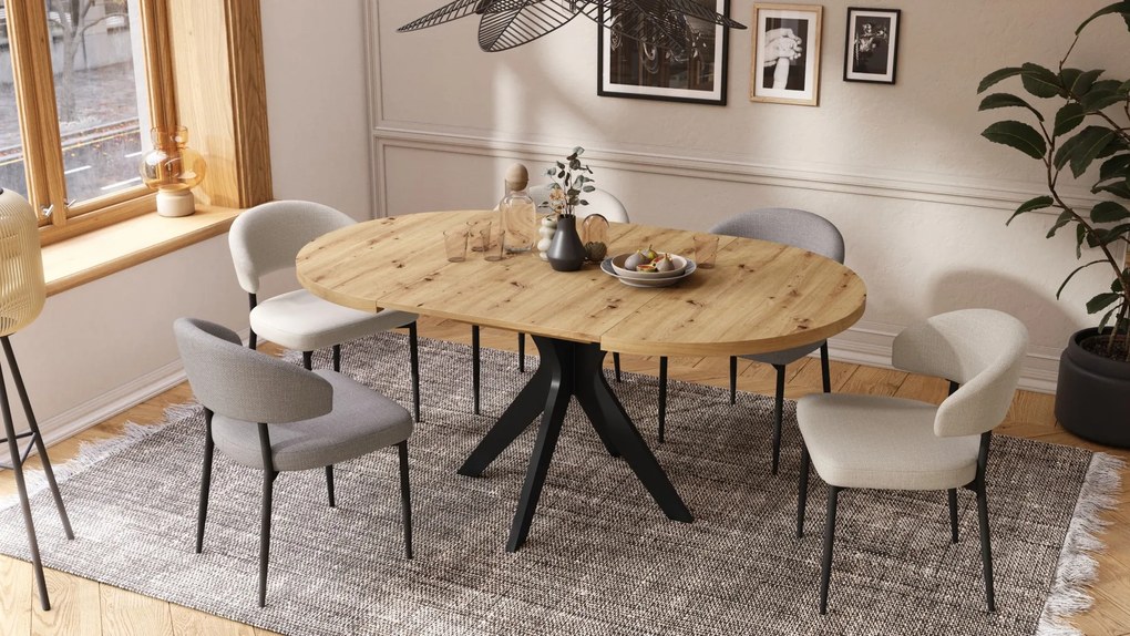 RENZO Artisan Eiken/zwarte poot - RONDE TAFEL Ø110 UITKLAPBAAR TOT 180 cm | VOOR DE KEUKEN EETKAMER WOONKAMER RETRO