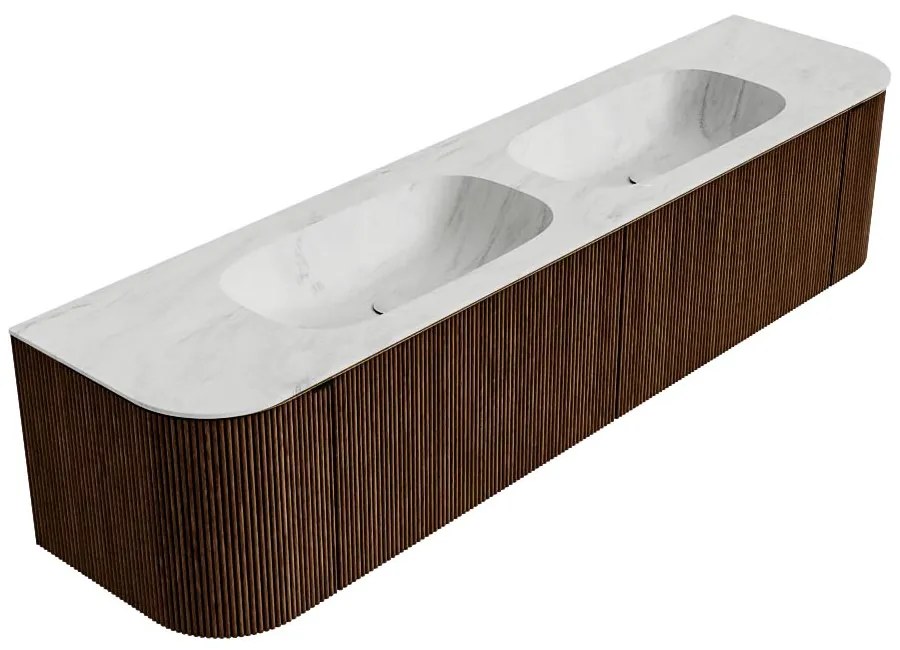 Mondiaz Kurve-dlux 190cm badmeubel ronding links/rechts walnut met 2 lades en deuren en wastafel stor small dubbel 2 kraangaten opalo