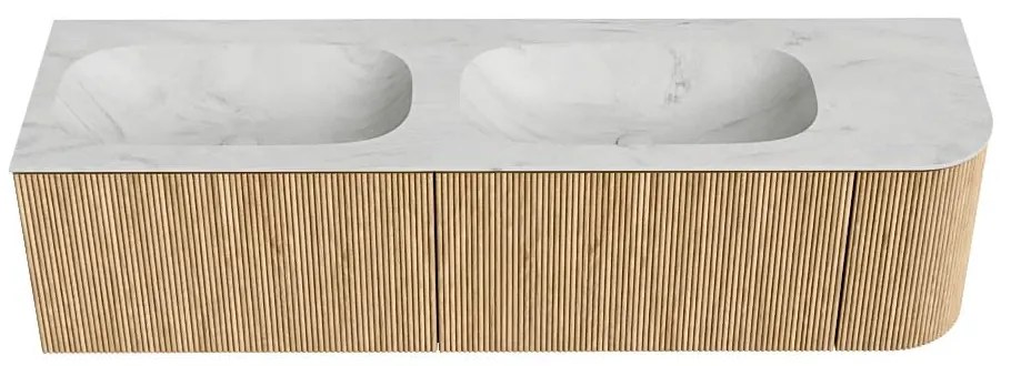Mondiaz Kurve-dlux 165cm badmeubel ronding rechts oak met 2 lades en 1 deur en wastafel stor small dubbel/links zonder kraangat opalo