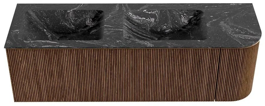 Mondiaz Kurve-dlux 145cm badmeubel ronding rechts walnut met 1 lade en deur en wastafel leaf dubbel/links 2 kraangaten lava