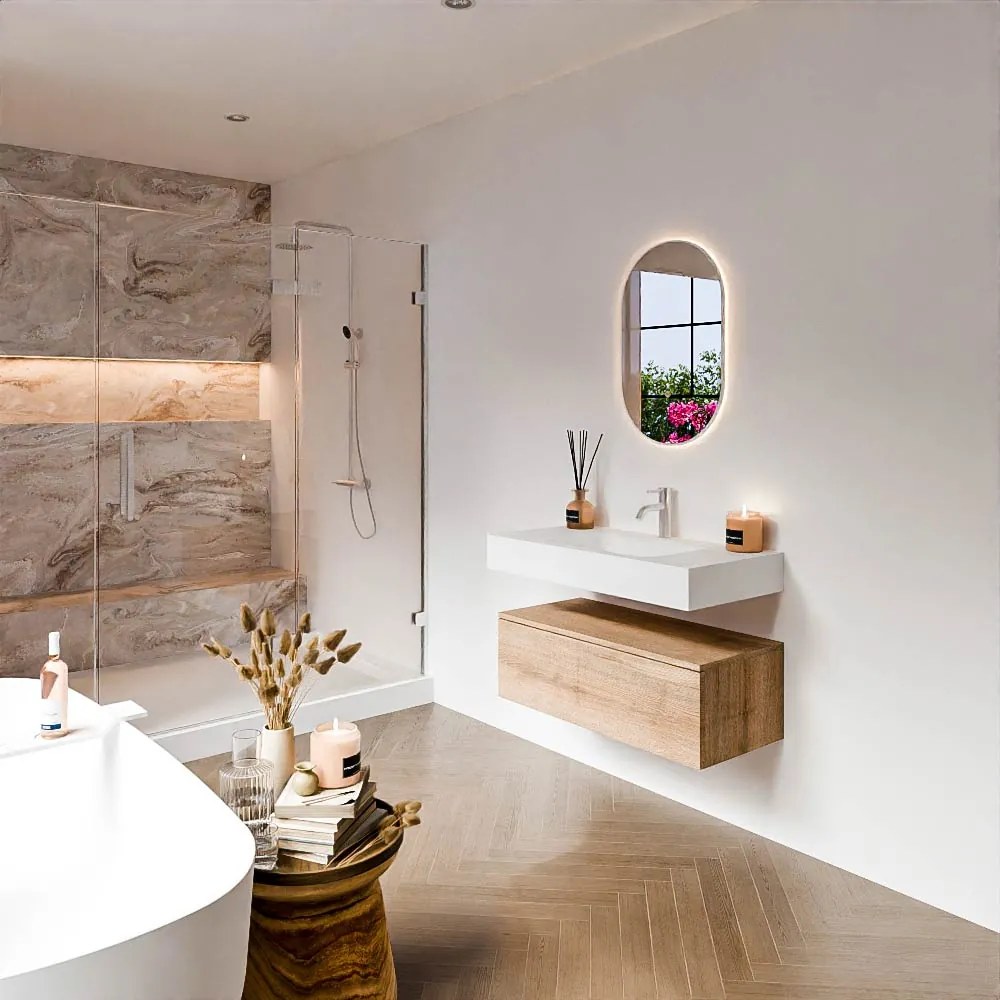 Zaro Alan badmeubel 90cm washed oak 1 lade met vrijhangende wastafel cloud midden 1 kraangat talc