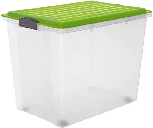 Compact, Opbergdoos 70l met deksel en wielen, Kunststof (PP) BPA-vrij, groen/transparant, A3/70l (57,0 x 39,5 x 43,5 cm)