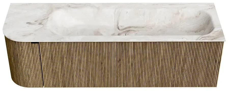 Mondiaz Kurve-dlux 145cm badmeubel ronding links dusk met 1 lade en deur en wastafel big large kraangat rechts frappe