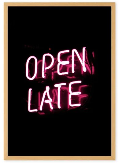 Open Late Neon Typography A2, ingelijste print, zwart en roze