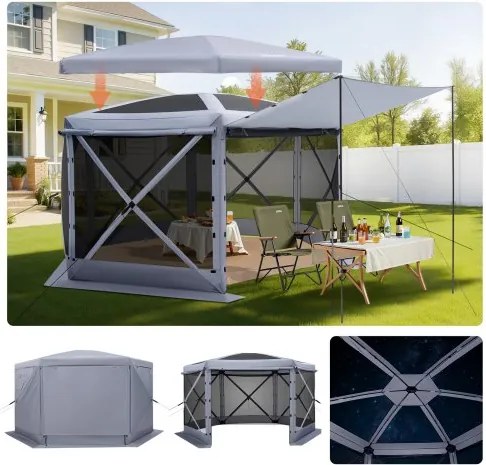 VEVOR Pop-up Paviljoen, 3,6 x 3,6 x 2,2 m, Grote 6-zijdige kampeertent met afneembaar dak en draagtas, feesttent, zonnescherm voor 8-10 personen, voor tuin, terras en patio