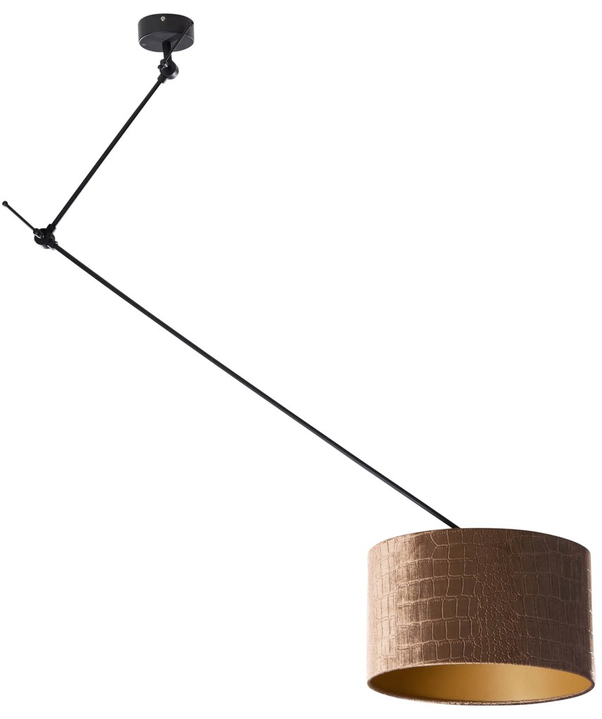 Hanglamp zwart met velours kap krokodil dessin 35cm - Blitz Klassiek / Antiek, Modern E27 rond Binnenverlichting Lamp
