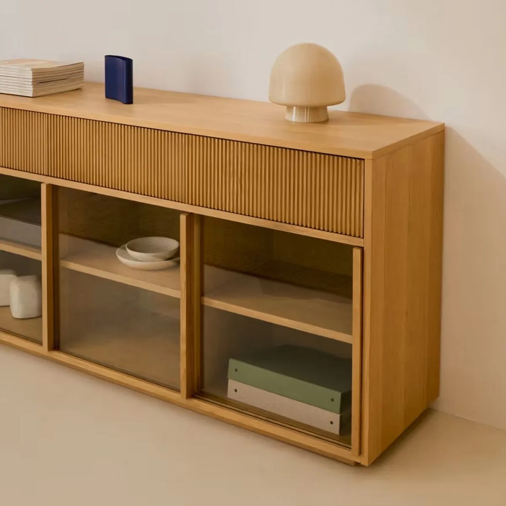 Kave Home Helvine Dressoir Eiken Met Glazen Schuifdeuren - 200x40x80cm.