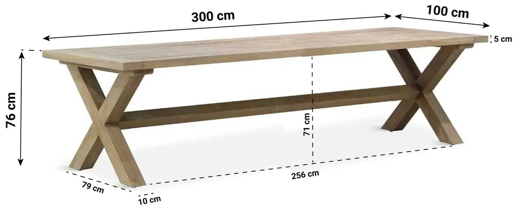 Dining Tuintafel rechthoekig 300 x 100 cm Teak Grijs Oregon