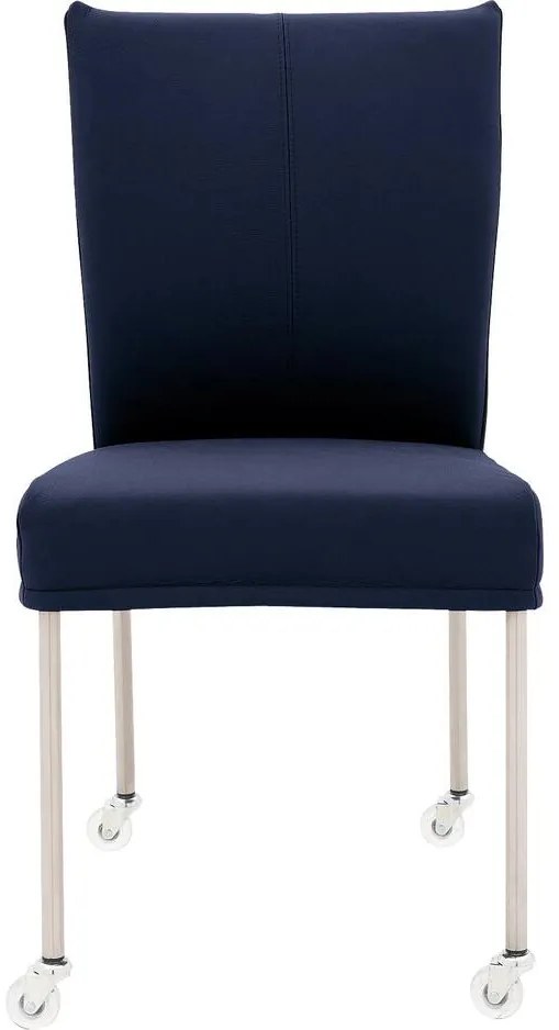 Goossens Eetkamerstoel Funk RVS Poten blauw leer leuning en Transparant skater wiel met rvs kapmet wielen, modern design