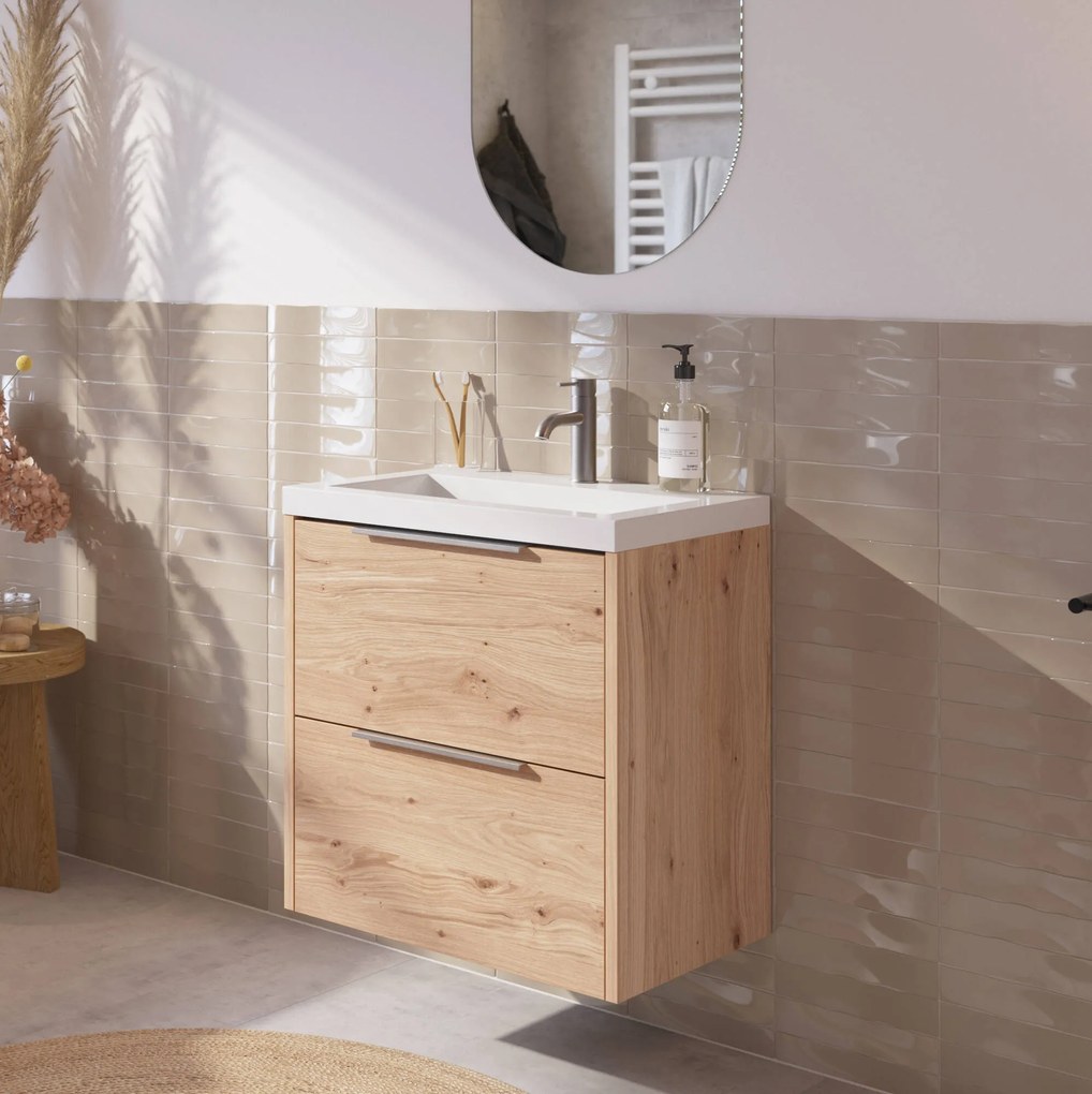 Saqu Lima ondiep badmeubel incl. glans witte wastafel 60x40x64cm naturel eiken – rvs greep