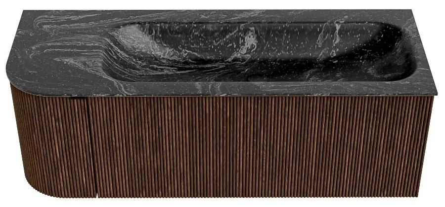 Mondiaz Kurve-dlux 125cm badmeubel ronding links walnut met 1 lade en deur en wastafel big medium rechts zonder kraangat lava