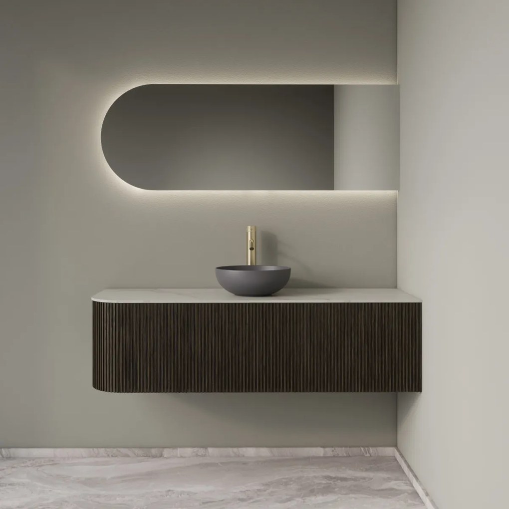 Gliss Design Alluro badmeubel ribbelfront met ronding links 140cm charcoal en wit marmer toppaneel