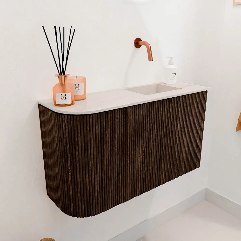 Mondiaz Joya DLux 70cm toiletmeubel ronding links walnut met wastafel faye rechts zonder kraangat meli