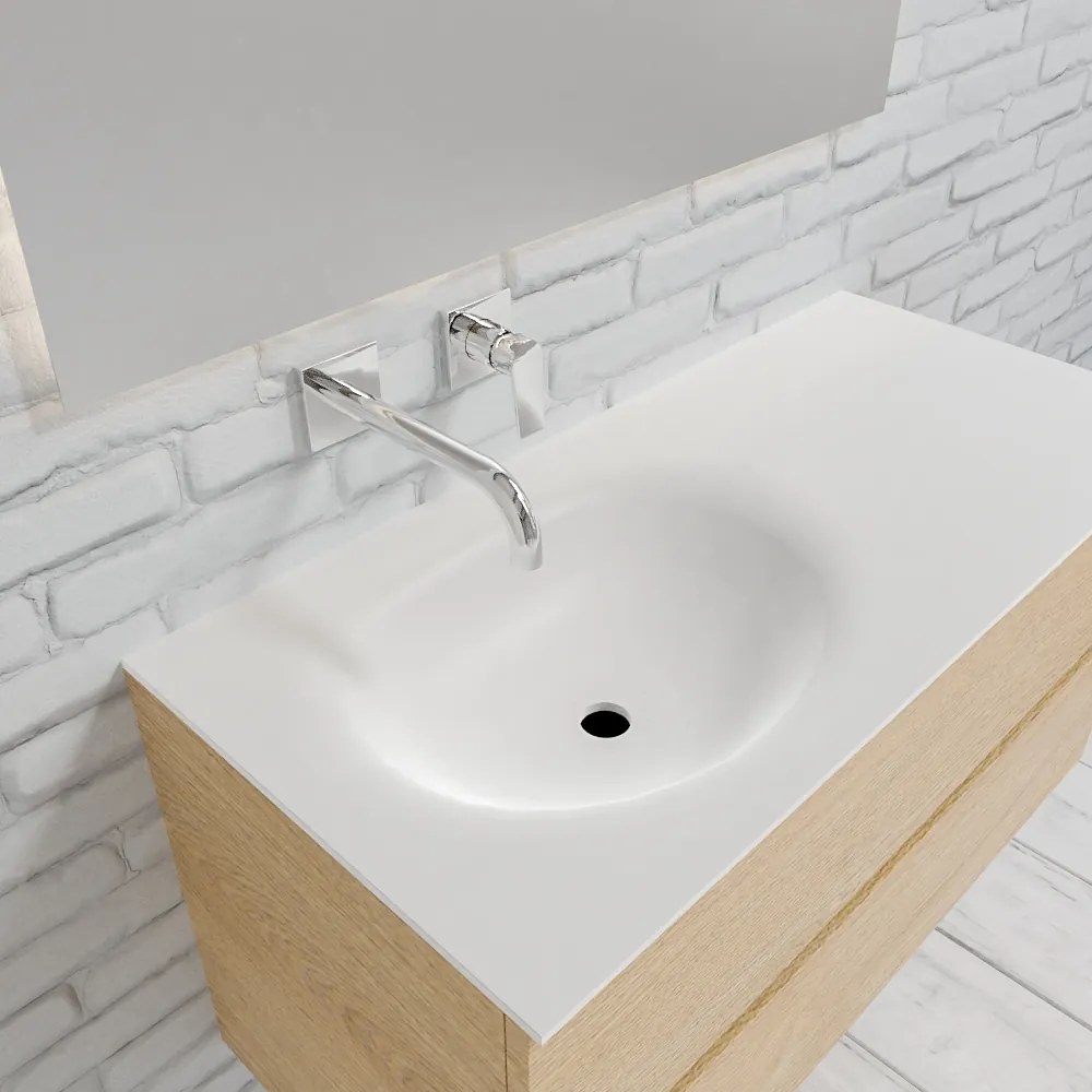 Zaro Sevilla Solid Surface badmeubel 100cm licht eiken zonder kraangat spoelbak links met 2 lades