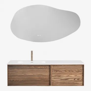 Solea Houten Badkamermeubelset Met Geïntegreerde Wastafel Natuurlijk Hout & Oval Led And Antifog 140x75 Cm Jynox & Goud ↑20 - Sklum