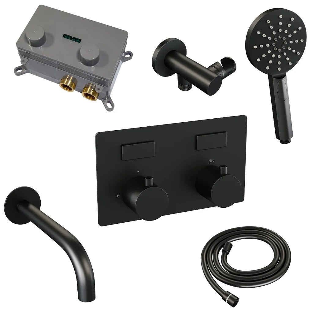 Brauer Black Edition thermostatische inbouw badkraan met uitloop en 3 standen handdouche set 4 zwart mat