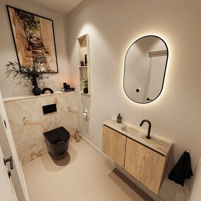 MONDIAZ TURE-DLUX 80cm toiletmeubel Washed Oak. EDEN wastafel Frappe positie midden. Met 1 kraangat. TUREDX80WASM1FRA