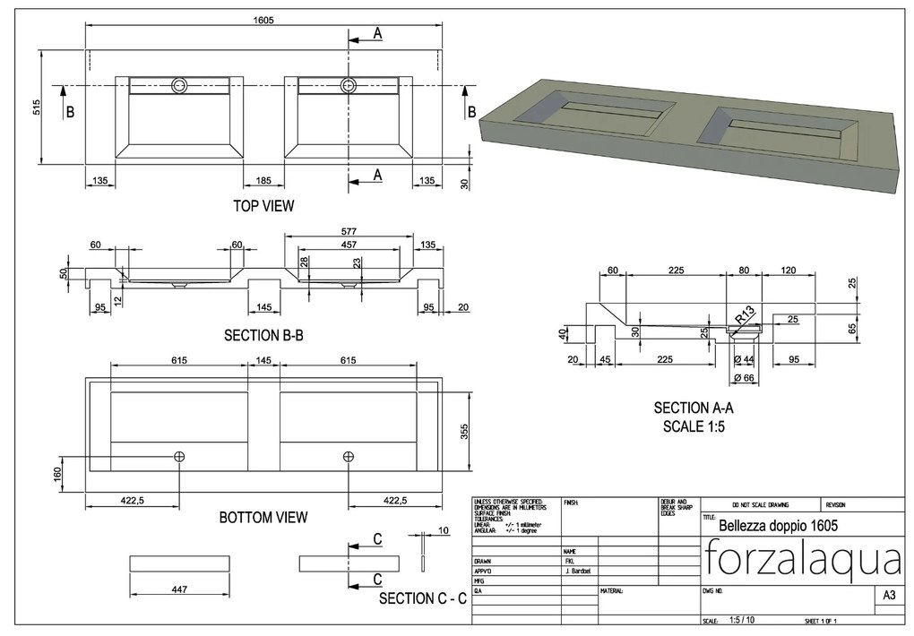 Forzalaqua Bellezza wastafel 160x50cm zonder kraangat graniet