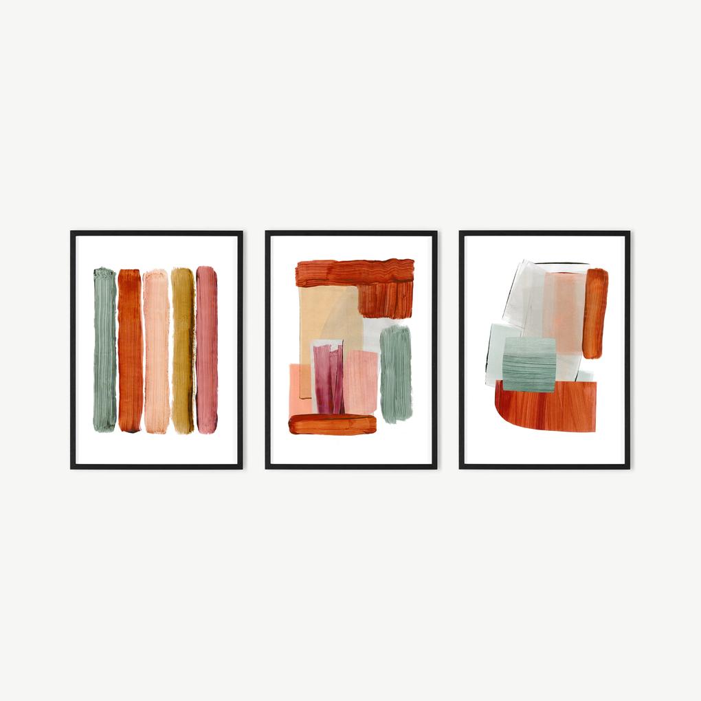 Abstract by Rebecca Hoyes set van 3 ingelijste prints, A3, mosterdgeel en bruin