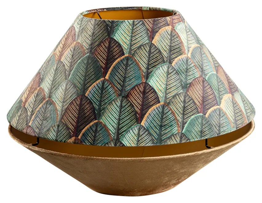 Dubbele velours lampenkap blad dessin en beige met gouden binnenkant