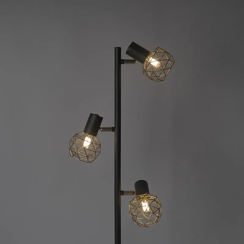 Design vloerlamp zwart met goud 3-lichts verstelbaar - Mesh