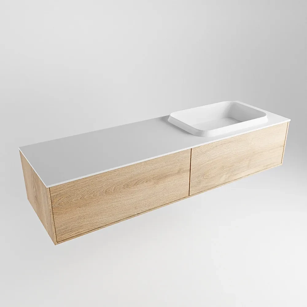 Mondiaz Erin 150cm badmeubel Washed Oak met 2 lades en witte wastafel rechts 1 kraangat