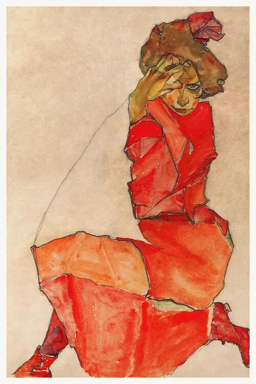 Kunstreproductie The Lady in Red (Female Portrait) - Egon Schiele