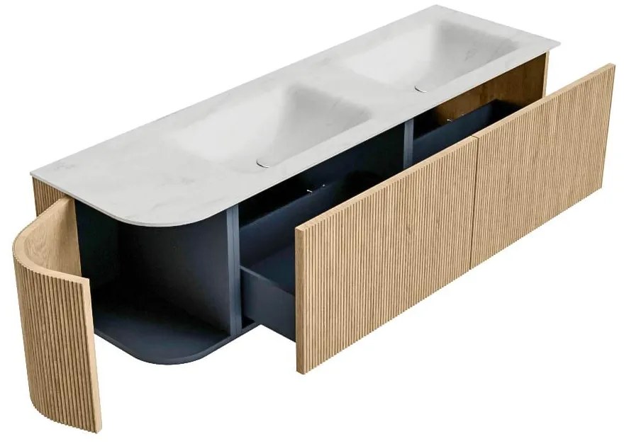Mondiaz Kurve-dlux 155cm badmeubel ronding links oak met 2 lades en 1 deur en wastafel leaf dubbel/rechts zonder kraangat opalo