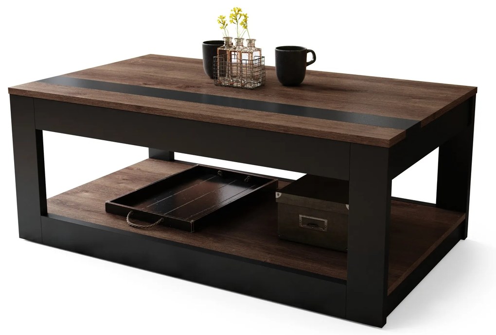 LUSSO Bruin Eiken/Zwart Mat - MODERNE SALONTAFEL MET VERHOOGD BLAD + OPBERGRUIMTE + SCHAP (OP WIELEN!)