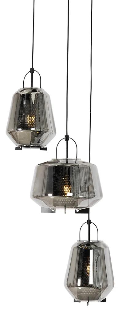 Hanglamp zwart met smoke glas rond 3-lichts - Kevin Art Deco E27 Binnenverlichting Lamp