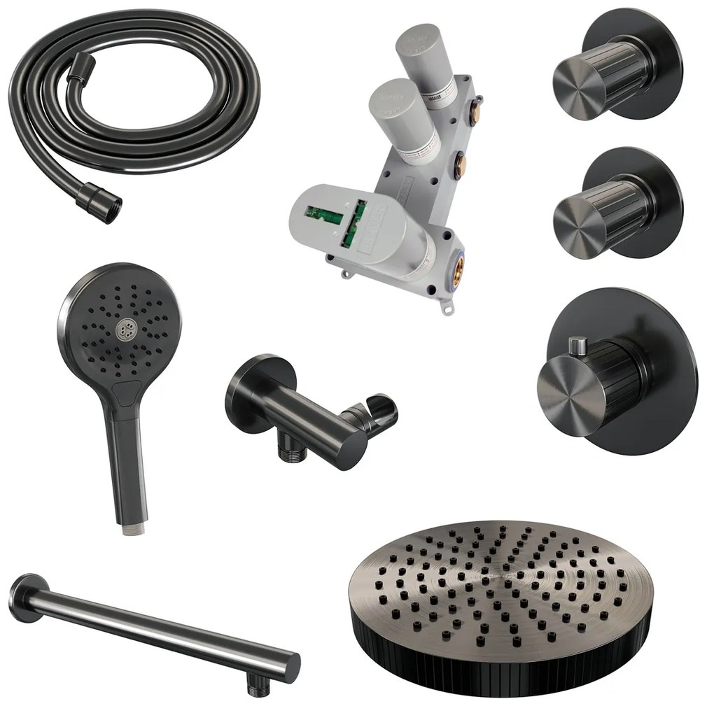 Brauer Stripe inbouw regendouche met 25cm hoofddouche, rechte muurarm en 3 standen handdouche set 4 gunmetal geborsteld PVD