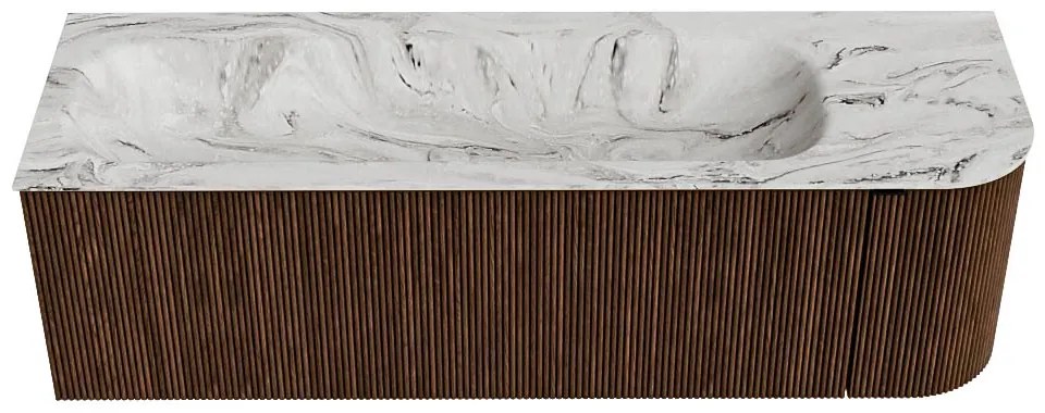 Mondiaz Kurve-dlux 145cm badmeubel ronding rechts walnut met 1 lade en deur en wastafel big large links zonder kraangat glace