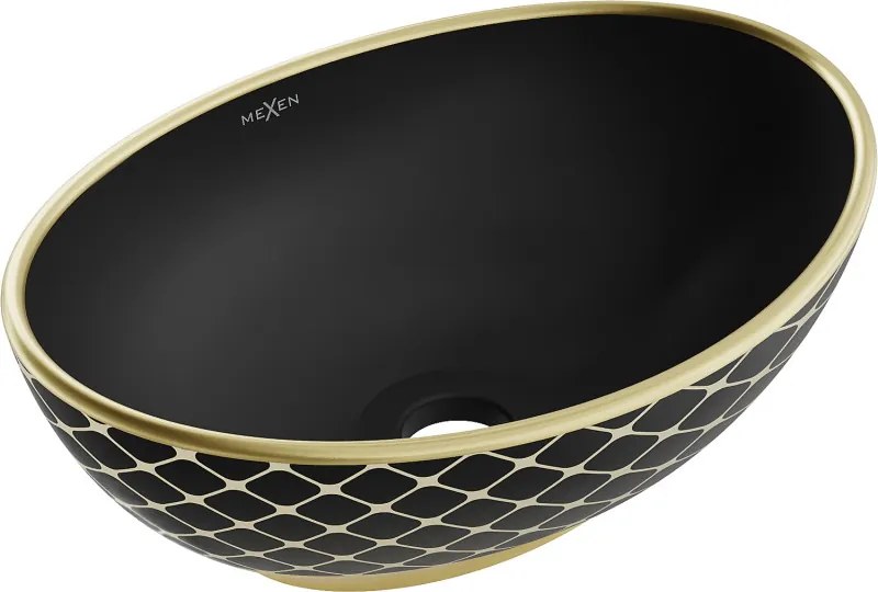 Mexen Elza opbouw waskom 40 x 33 cm, zwart mat/gouden ruitpatroon - 21014029