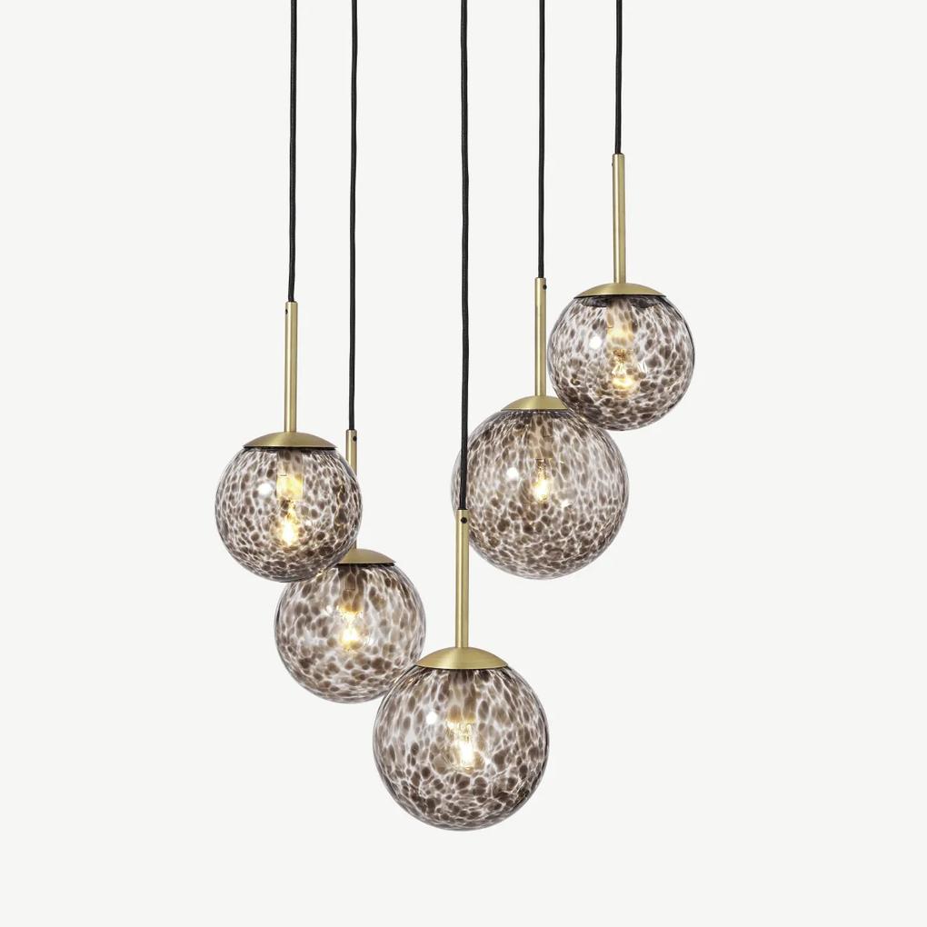 Julia cluster hanglamp met 5 lampen, bruin gevlamd glas en messing