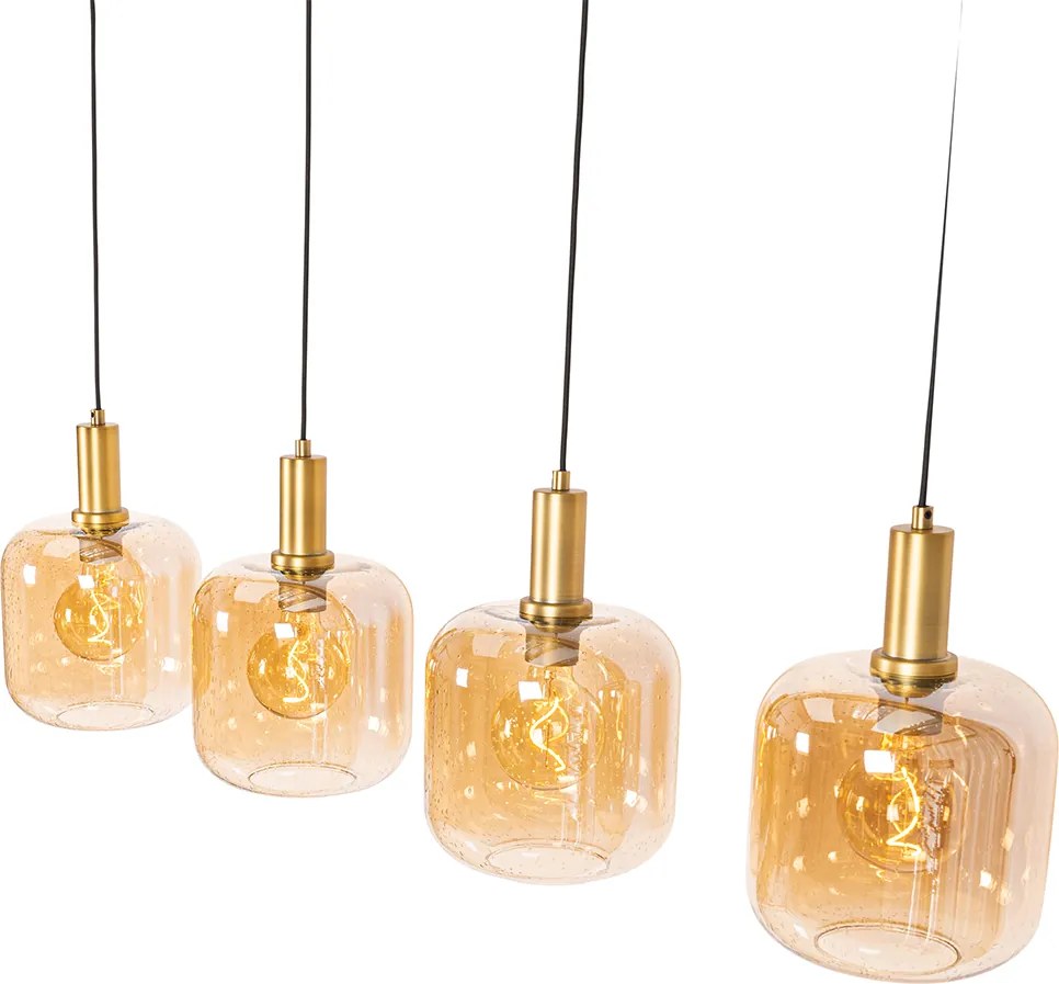Smart hanglamp zwart met messing en amber glas 4-lichts incl. 4 Wifi G95 - Zuzanna